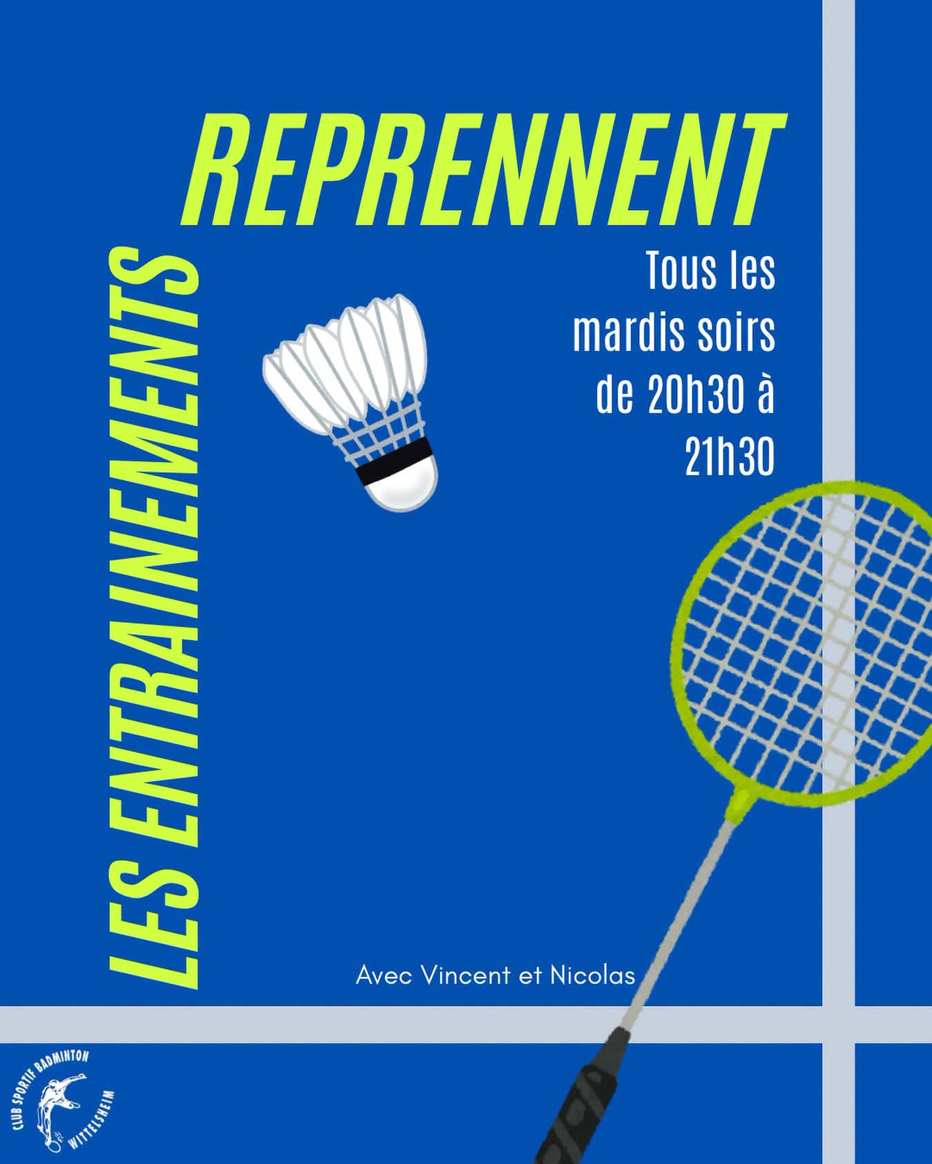 Les entraînements reprennent - tous les mardis soirs de 20h30 à 21h30, avec Vincent et Nicolas